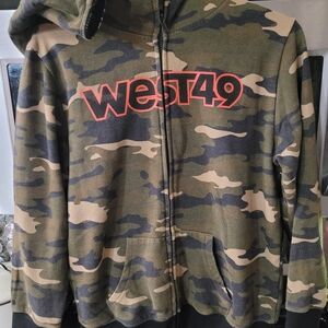West 49 Camouflage Hoodie with Bold Red Print